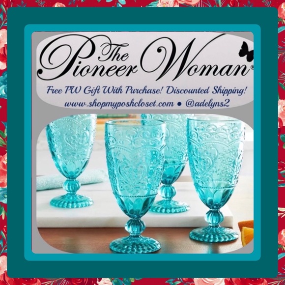 🌺 New Pioneer Woman (4) 14.7-Ounces Amelia Teal Blue Glass Goblets - Picture 6 of 9